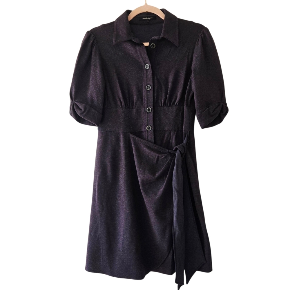 Nanette Lepore Stretch Wool Blend Faux Wrap Short Sleeve Mini Charcoal Gray sz 6